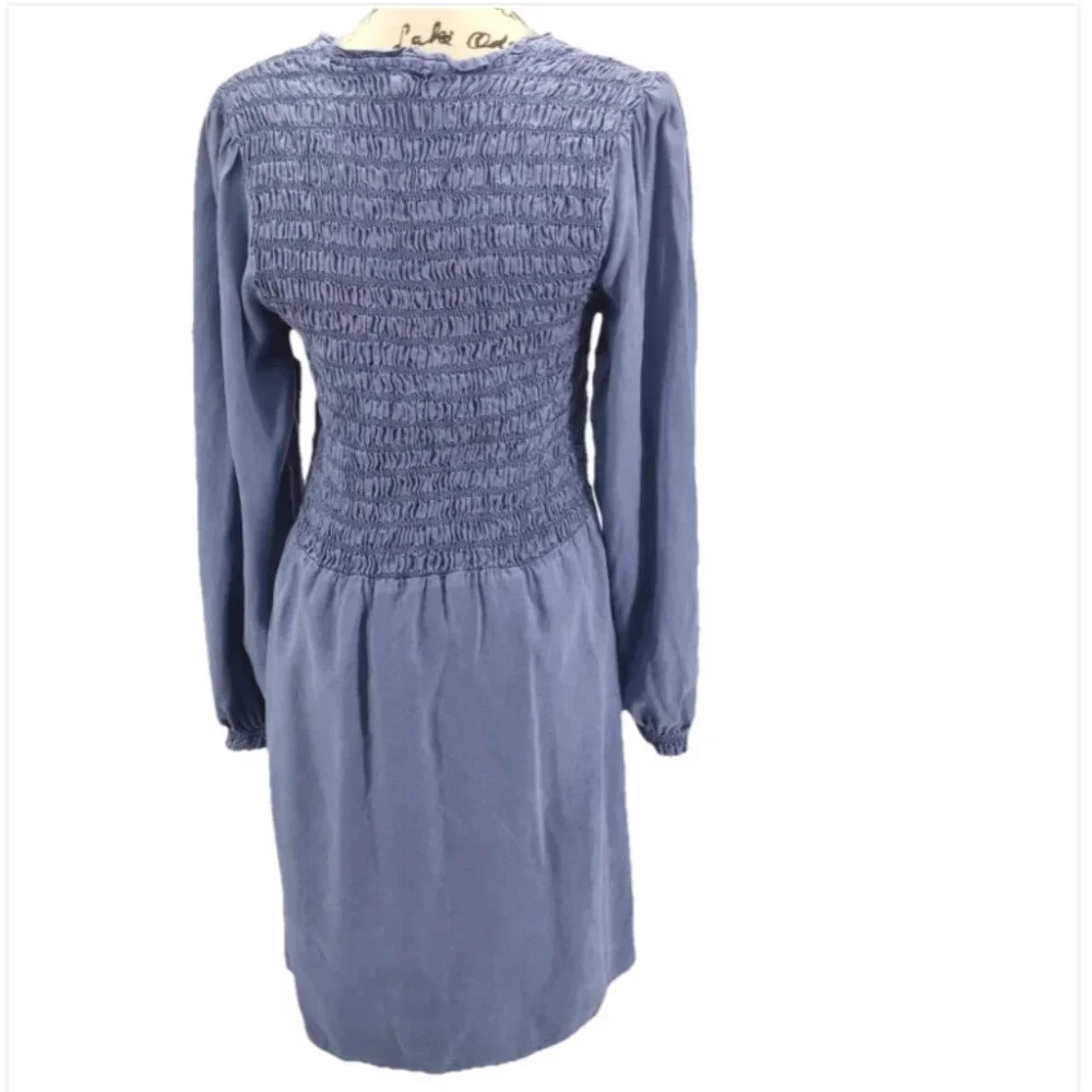 Bella Dahl Tencel-Lyocell Blue V Neck Long Sleeve Smocked Mini Dress Size Large - Picture 14 of 14